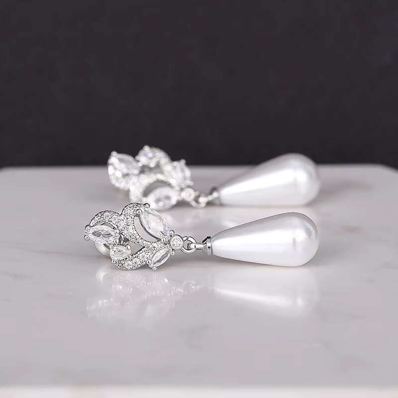 Simple Womens Waterdrop Imitated Pearl Cubic Zirconia Earrings for Wedding Fashion Party Drop Earrings Bridal