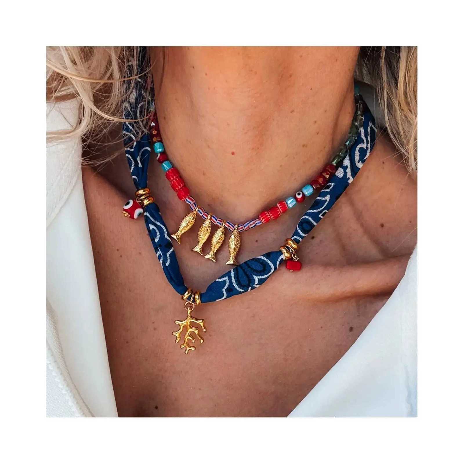 18K Gold Plated Fish Coral Stainless Steel Pendant Necklace Bohian Dark Blue Bandana Summer Beach Jewelry Gift for Her W250712