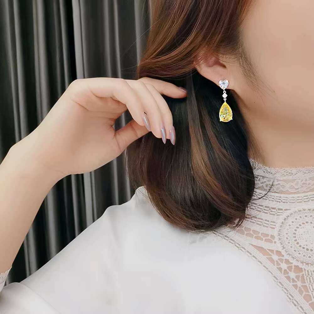 Exquisite Heart Shaped Water Drop Design Yellow Crystal Zircon Earrings for Women Wedding Silver Plated Pendant Earrings