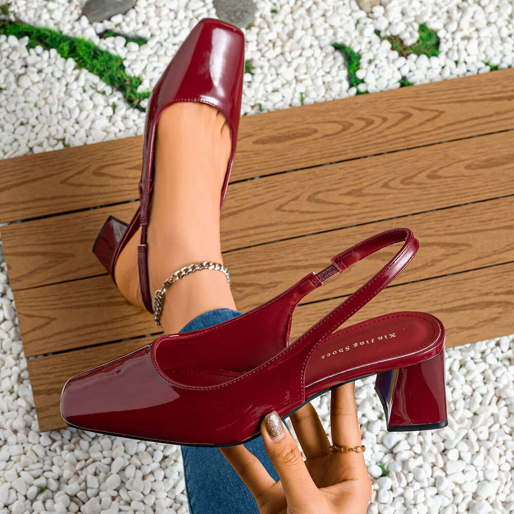 3337-32 One-Strap Square Toe Open Back Shallow Mouth High Heels Summer New Plaid Chunky Heel Sandals Fashion Women's Shoes
