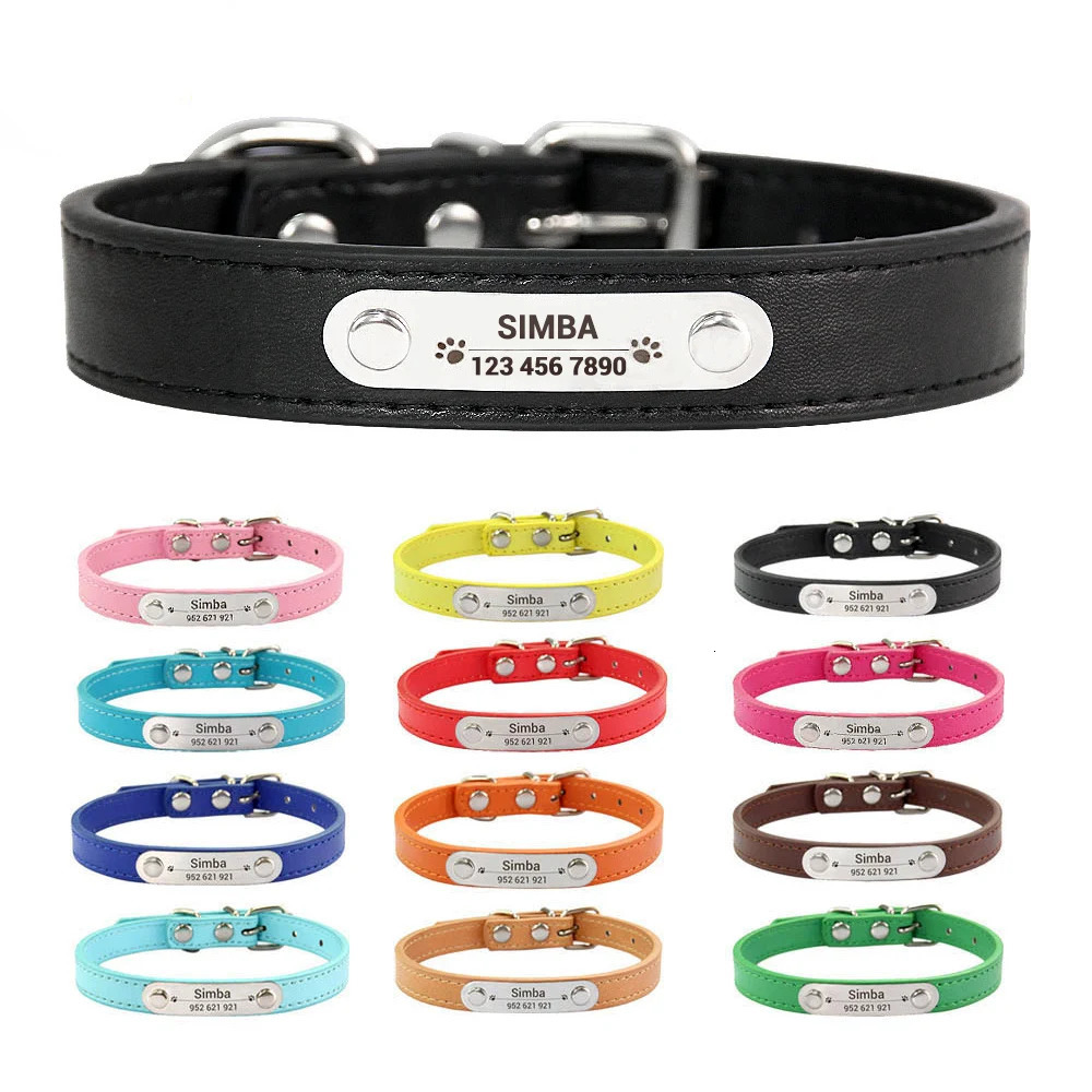 Personalized Dog Collar Name Carved ID Anti-lost Solid PU Leather Collar For Small Medium Large Dogs Puppy Cat Pet Supplies Pink 250709