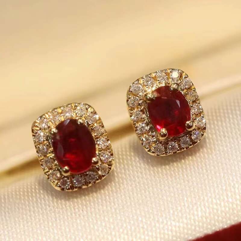 Wholesale Vintage Women Oval Red Crystal Cubic Zirconia Earring for Wedding Hot Sale Gold Plated CZ Stud Earrings Jewelry