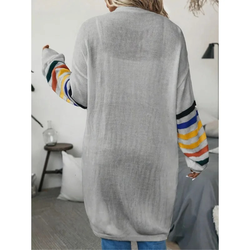Plus Size Womens Fashionable Sleeve Striped Print Comfortable Elastic Hem Long Cardigan 250710