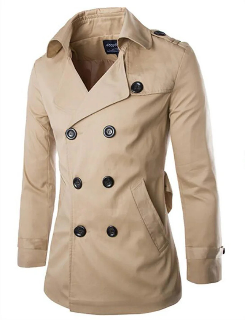 Mens Spring Autumn Windbreak Overcoat 100% Cotton Men Trench Coats with Belt Male Pea Coat Double Breasted Peacoat W04 250708