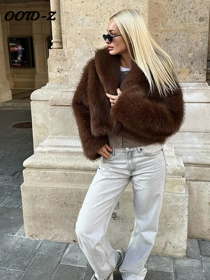 Coffee Faux Fur Short Coat Women Fluffy Lapel Long Sleeve Warm Thick Loose Jacket Fashion Winter Lady High Street Outwear 250708