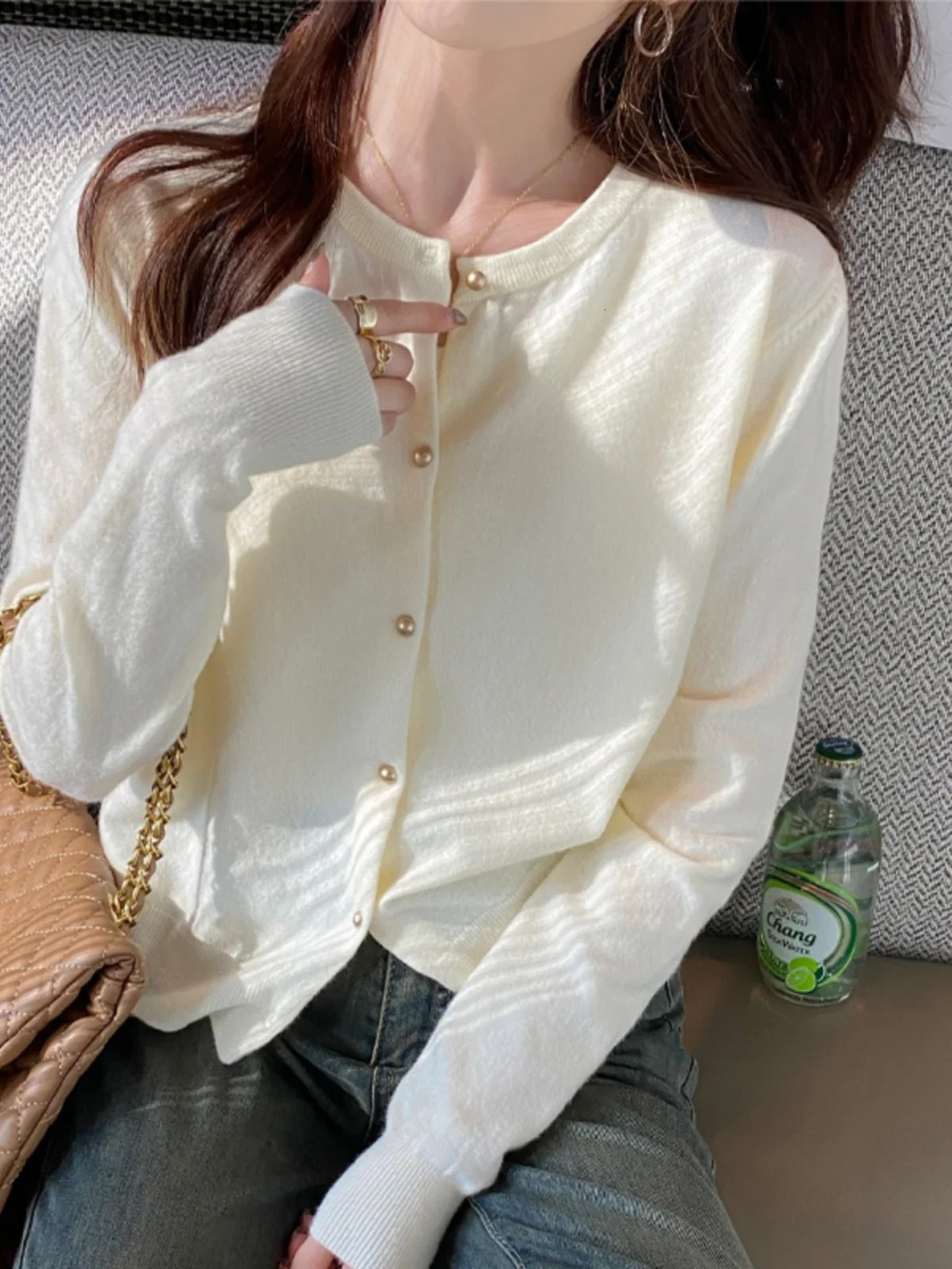 Solid Color Knitted for Women Cardigan Korean Single Breasted Long Sleeve Jumper Woman Round Neck All Match Cardigans Outwear 250710