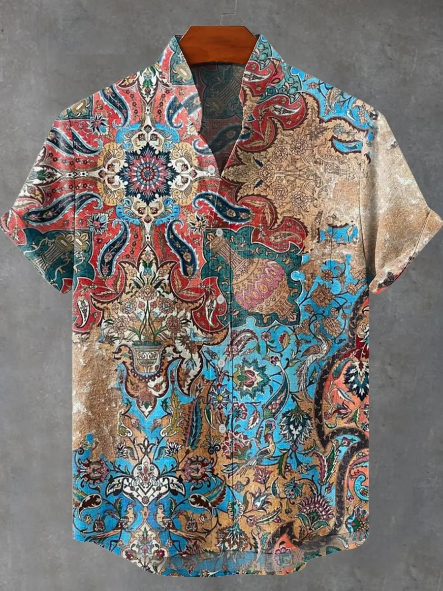 Mens Summer Elegant Art Petal Pattern Retro Linen Short Sleeve Shirt Comfortable Casual High Quality Button Top Mens Fashion 250707