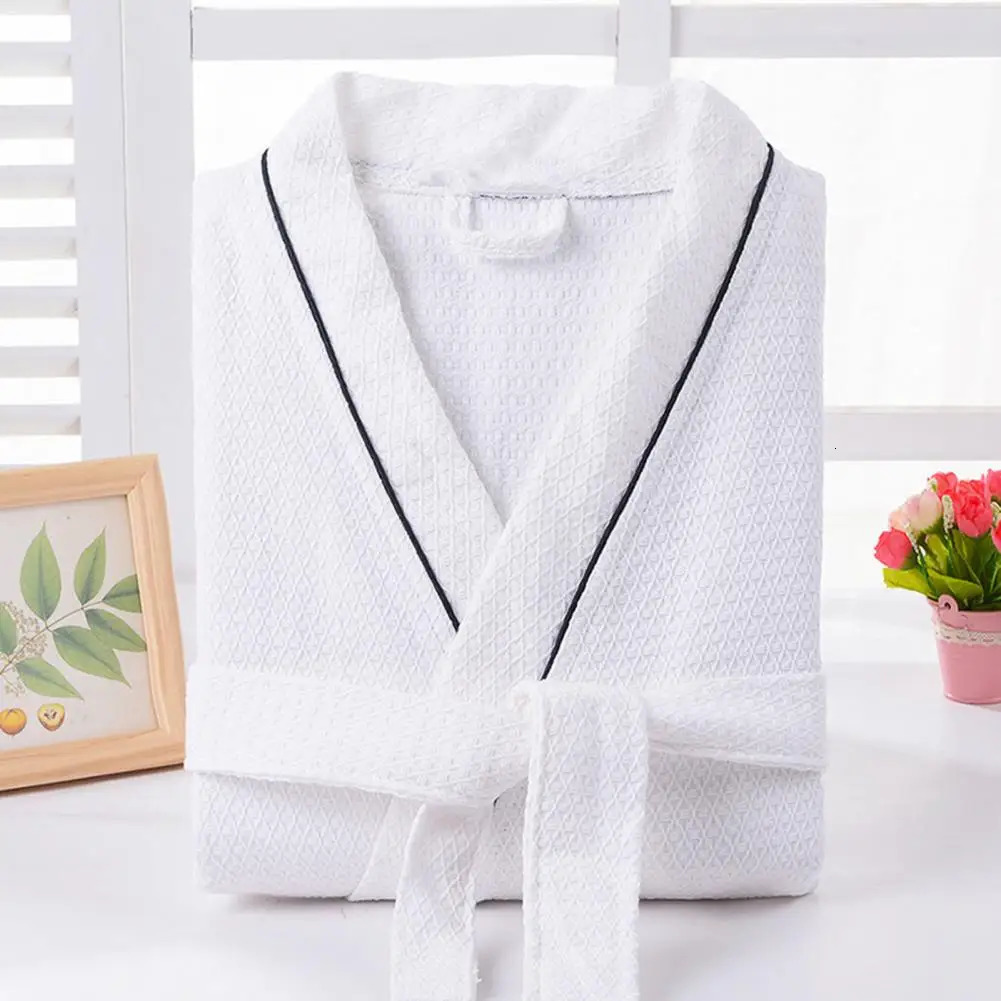 Unisex Nightgown Solid Color V Neck Long Sleeve Lace-up Waist Pockets Men Sleepwear Cotton Mid-length Cotton Waffle Bathrobe 250710