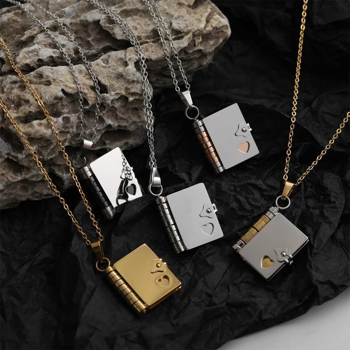 Stainss steel coup book pendant necklace with personali ins titanium steel opening and closing book sweater chain W250712