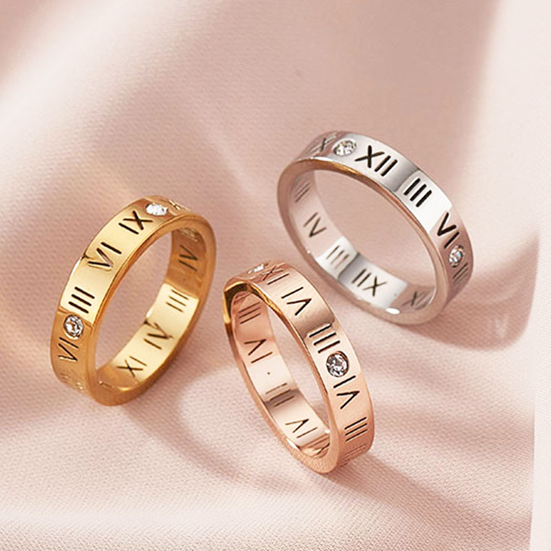 Classical Titanium Steel Roman Numeral Ring for Women Men 18K Real Gold Silver Designer Crystal Lovers Couple Ring Stainless Steel Diamond Rings Jewel