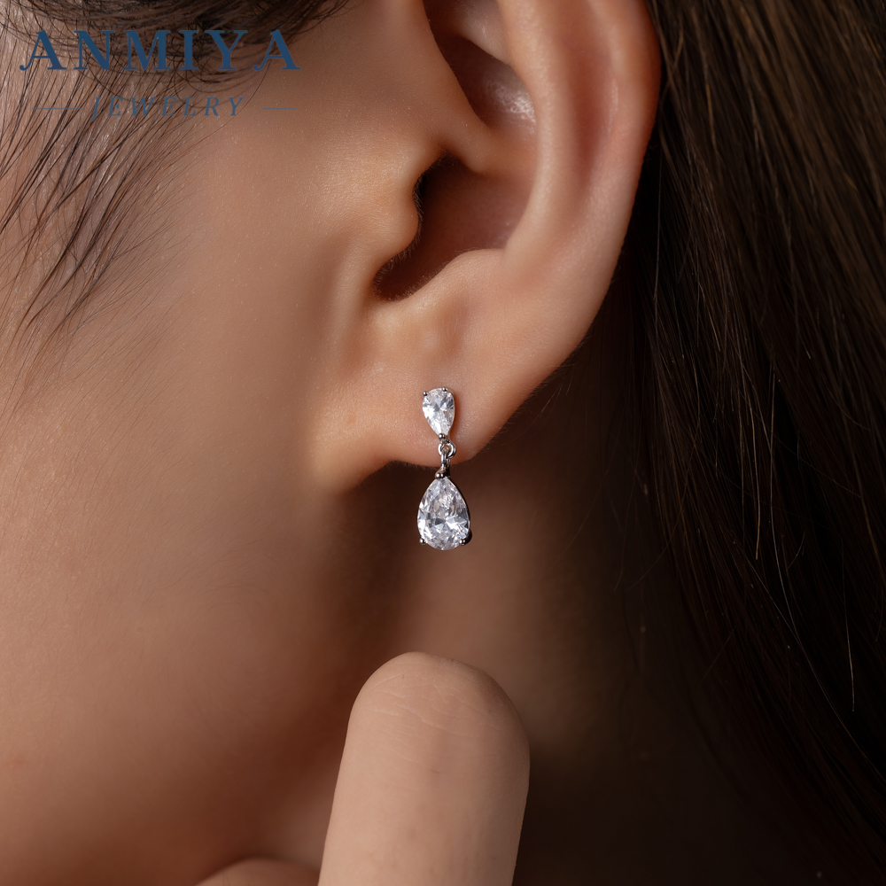 Shiny White Cubic Zirconia Water Drop Earrings for Brides Wedding Evening Party Costume Jewelry Accessories Rhodium Plated