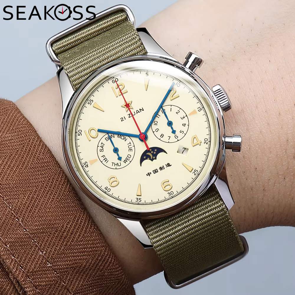 SEAKOSS 40mm 1963 Men's Watch Automatic Mechanical wrist watch seagull ST1654 Movement Calendar Week Display Air Force watches