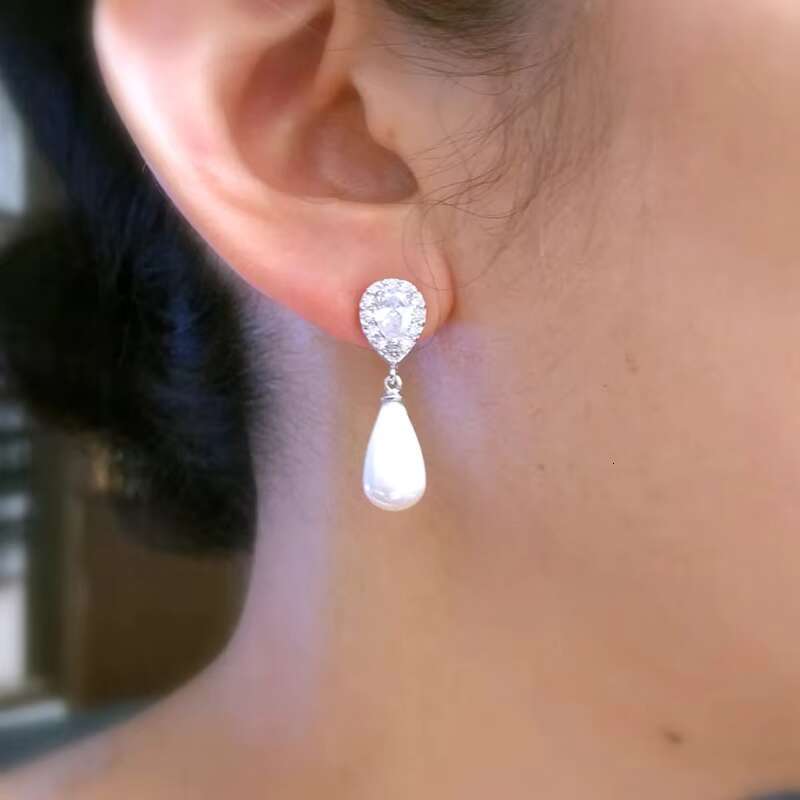 Elegant Wedding Bridal Jewelry Teardrop Imitation Pearl Drop Earrings 925 Silver Plated Cubic Zirconia Stud Earrings