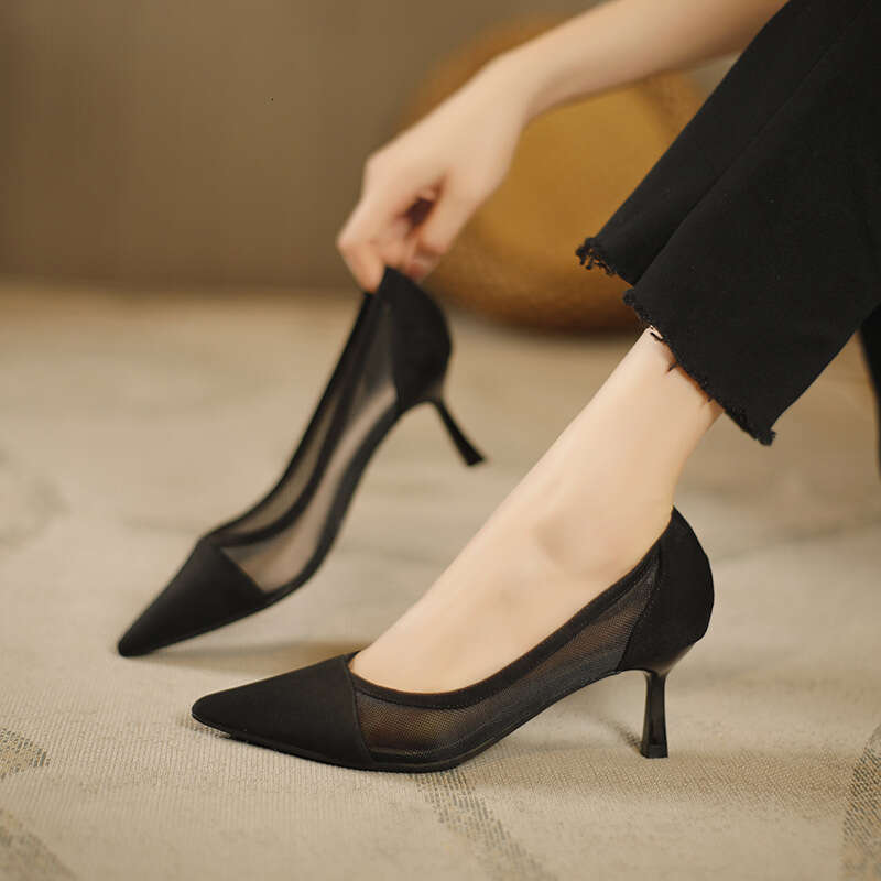 100-2 Breathable Mesh Lace Slip-On Pointed Toe Fashion Women's Simple Closed-Toe Mid-Heel Shoes