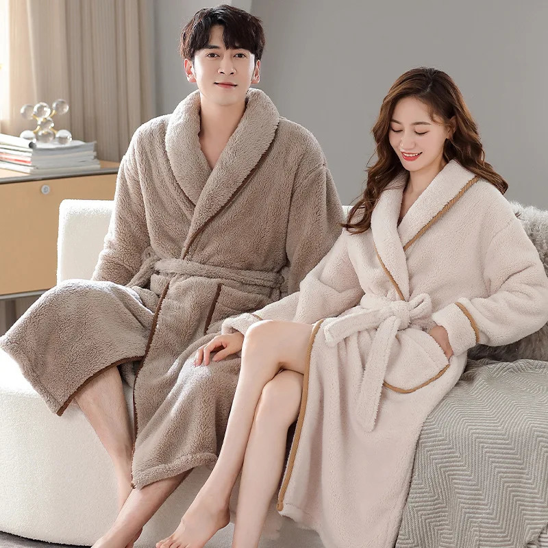Coral Velvet Nightgown Fall Winter Long Over-the-knee Bathrobe Plus Size Flannel and Pile Couple Nightgown Cosy Both Men Women 250710