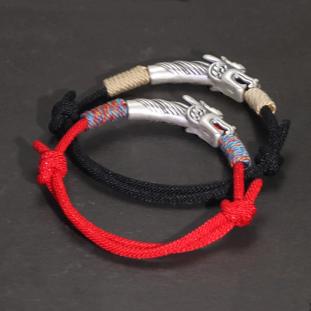 Handwoven 999 Sterling Silver Charm Lucky Red String Bracelet Dragon Men and Womens Jewelry 250712