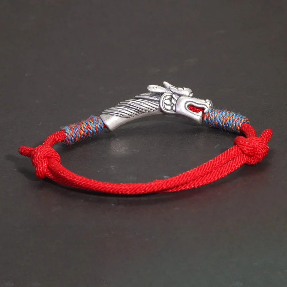 Handwoven 999 Sterling Silver Charm Lucky Red String Bracelet Dragon Men and Womens Jewelry 250712