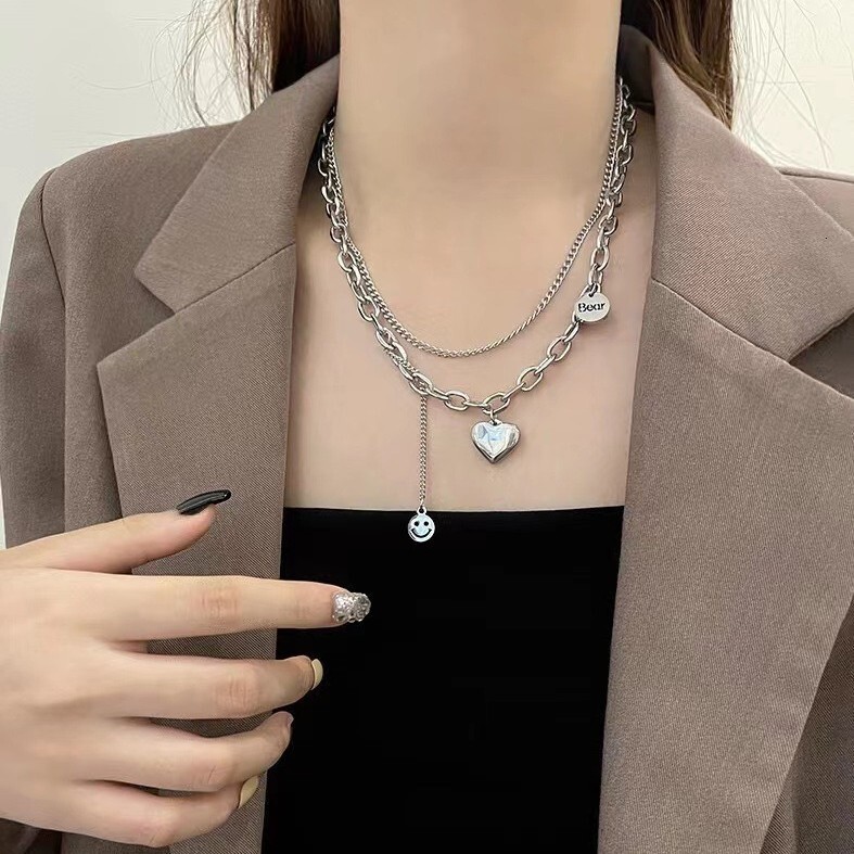 Luxury Jewelry Designer Jewelry Heart Double Layer Titanium Steel Necklace For Women, Ins Hip-hop Style Versatile Sweater Chain, Fashionable High-end 