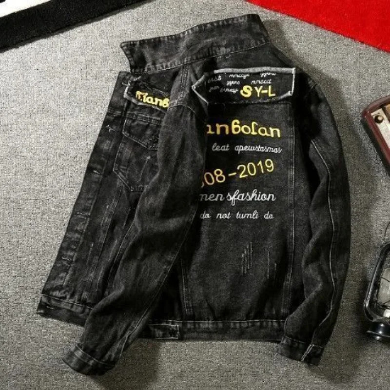 Male Jean Coats Autumn Striped Yellow with Print Mens Denim Jacket Y2k Vintage ed G Winter Outerwear er Joker Korea 250710
