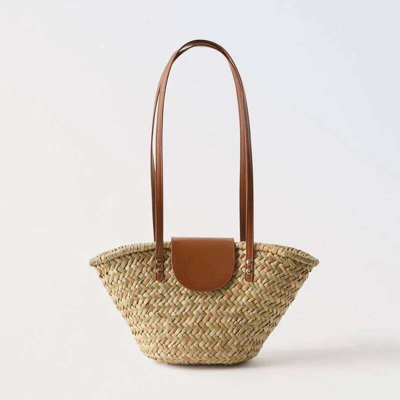 Natural Shoulder Grass Woven New PU Splicing Vacation Beach Versatile Rattan Bag