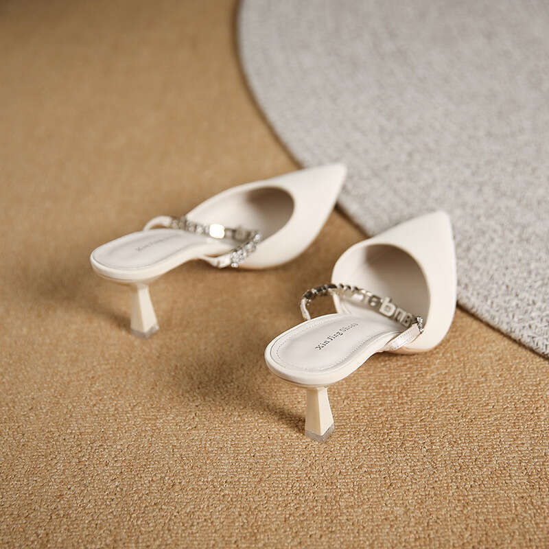 699-19 Peep Half Slippers for Women 2023 New Style Elegant Rhinestone Outdoor High Heels Pointed Toe Stiletto Women's Shoes