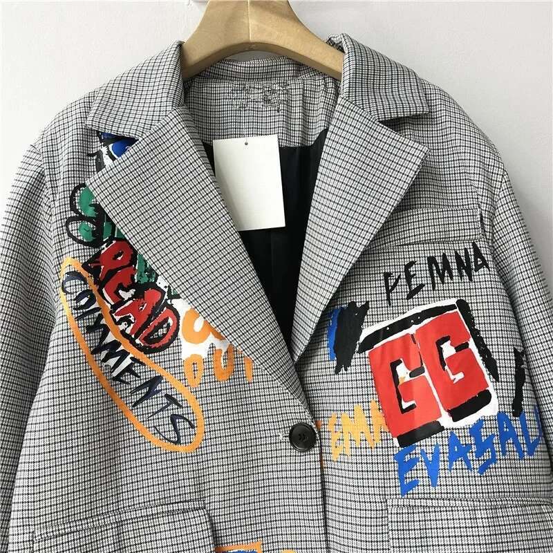 Spring and Autumn New Women's Blazer Design Sense Unique Graffiti British Style Suit Plaid Casual Long Sleeve Loose Jacket