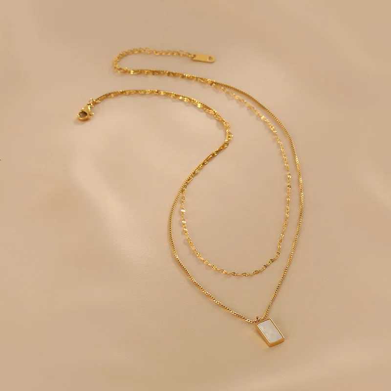 Stylish Natural Shell Square Pendant Necklace Stainss Steel Metal Layered Collar Titanium Charm Jewelry Waterproof W250712