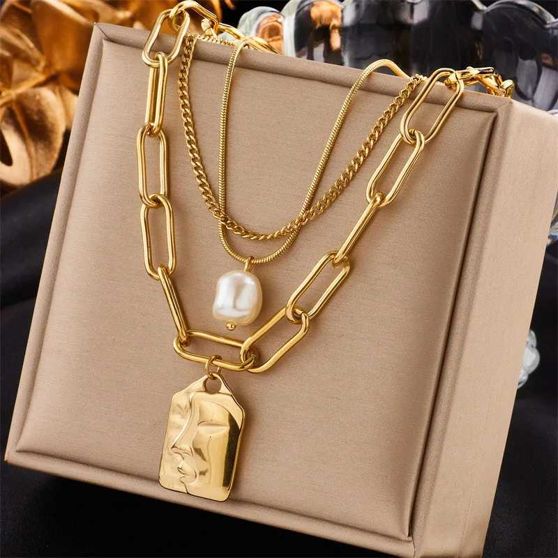 316L Stainss Steel 3-Layer Pearl Square Portrait Pendant Necklace For Wen Punk Street Trend Chain Neck Jewelry Gift W250712