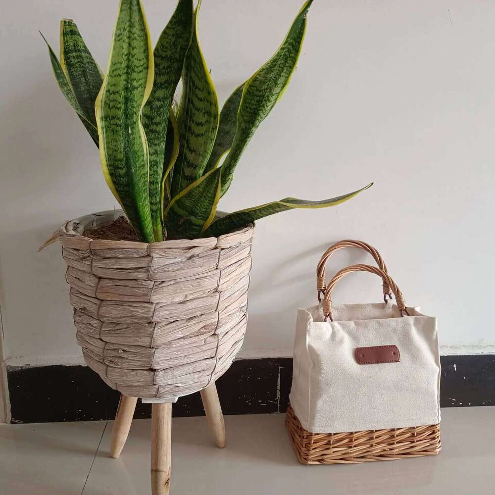 Handmade Straw Canvas Splicing Shoulder Woven Crossbody Rattan Portable Holiday Handbag Bucket Bag Female Summer