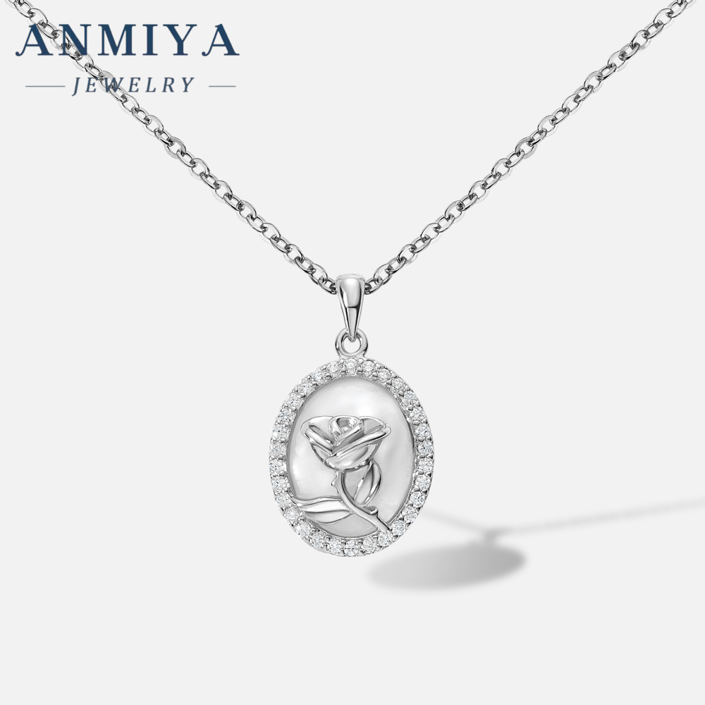 Vintage Rose Round Shape Zircon Necklace 925 Sterling Silver Link Chain Fashionable Flower Pattern Necklace for Girls