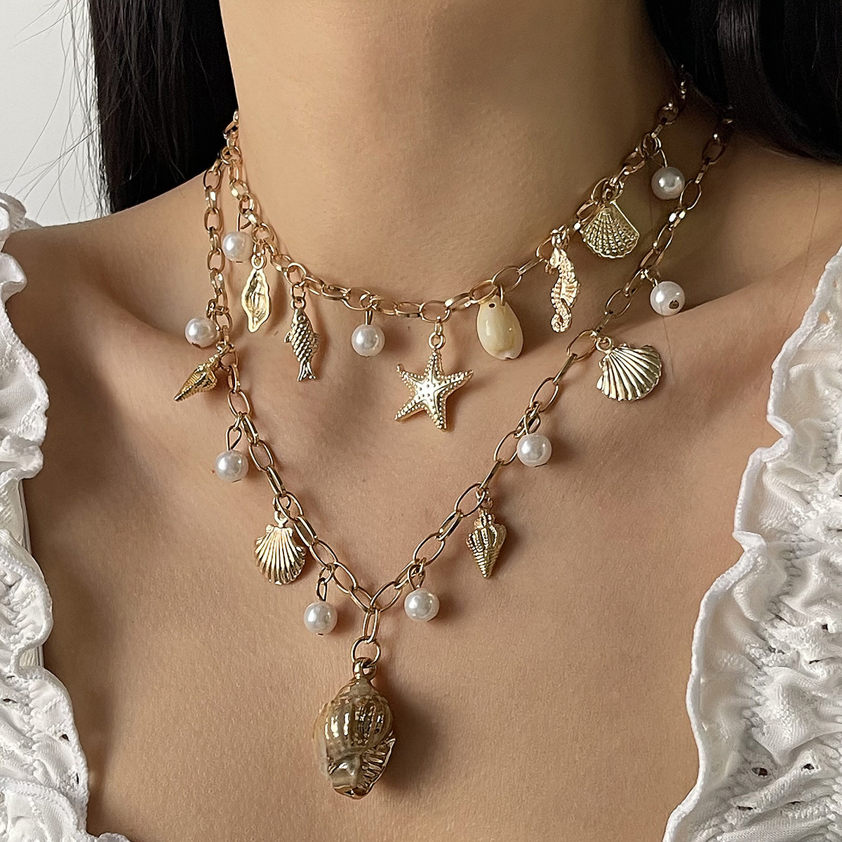 Luxury Jewelry Designer Jewelry N12517 European And American Cross-border Ocean Style Pearl Tassel Necklace Beach Starfish Shell Pendant Jewelry