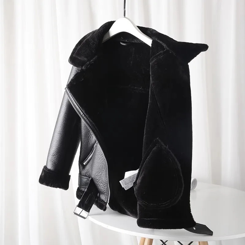 ZVRI Classic Womens Double Sided biker Jacket with Thick fur Warm black womens jacket 250708