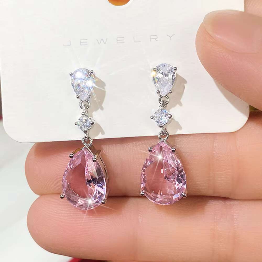 Temperament Sweet Pink Pear Design Cubic Zirconia Earrings Silver Plating Women Engagement Party Fashion Drop Earrings