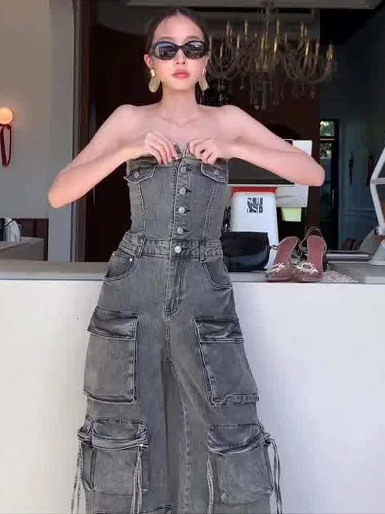 Strapless Backless Women Jumpsuit Denim Off Shoulder Lady Jumpsuits 2025 Sexy Fashion Pockets Buttons Wide Leg Female Romper