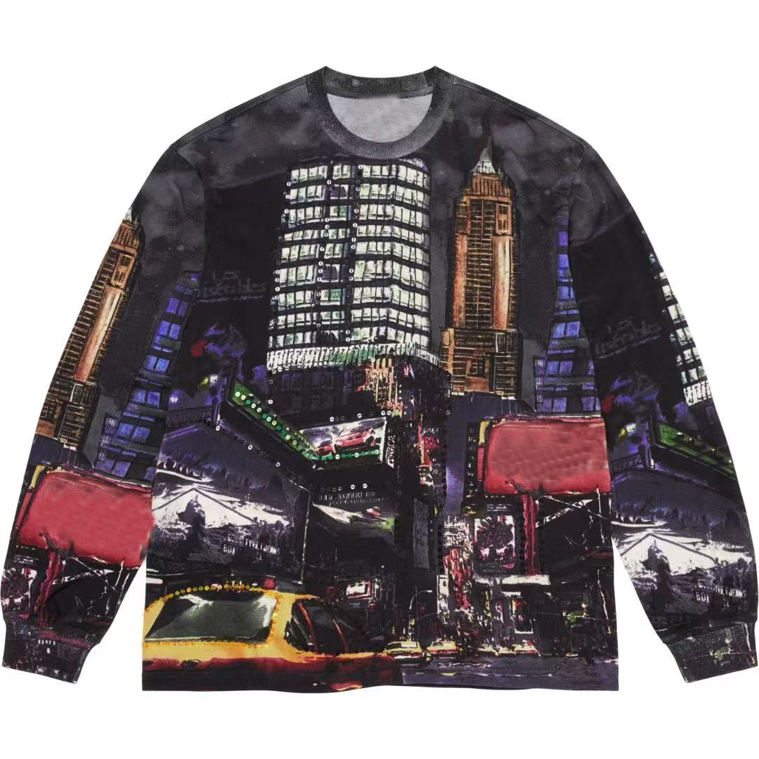 Skyline sequin L/S TOP T-Shirt O-Neck Cotton Loose Tee High Street Crack Letter Men Women Long Sleeve Hoodie Tops US size