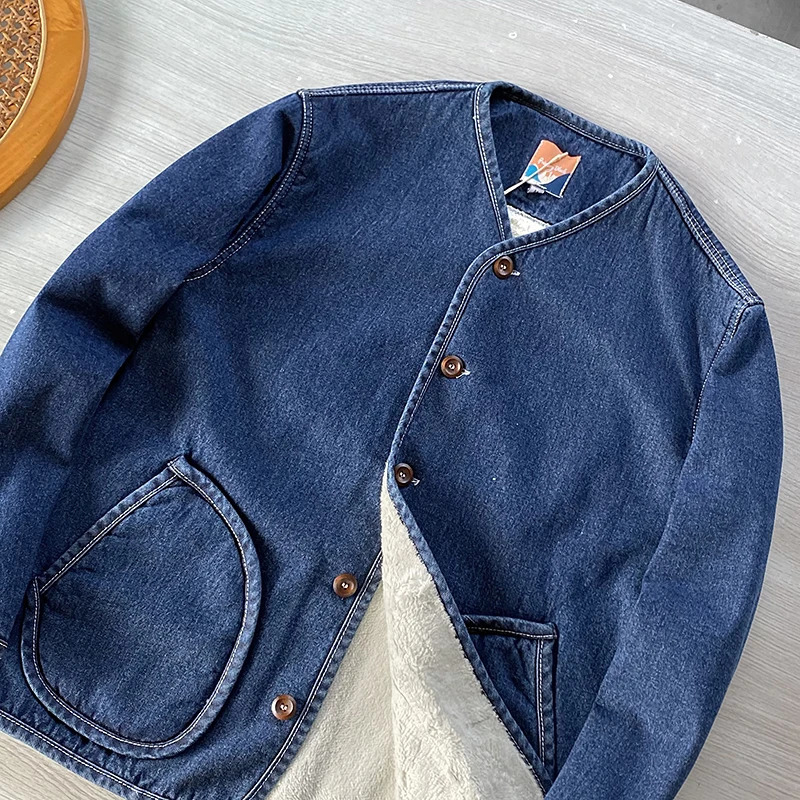 Gmiixder Heavy-duty Washed Jacket Composite Velvet Lining Autumn Winter Collarless Denim Padded Coats for Men Women for Couples 250710