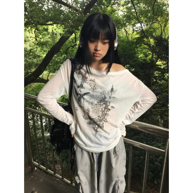 Korean Fashion Graphic Tees Slightly Transparent T Shirt Women Clothing Long Sleeve Loose T-shirt Streetwear Spring Tops 250707