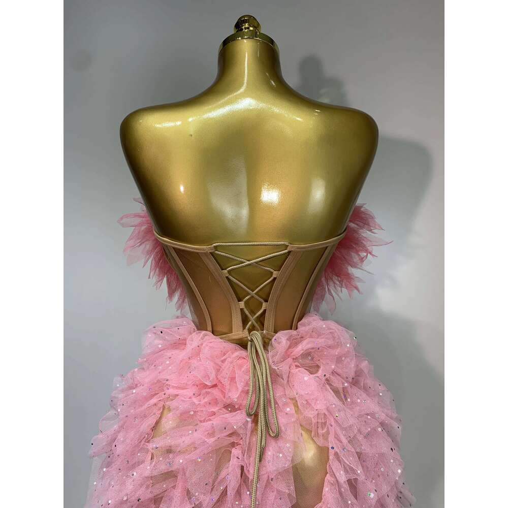 Women Sexy Strapless Ruffles two Pieces Set Bodycon Long Dress High Split Fashion Nightclub Party Birthday Singer Stage Outfit