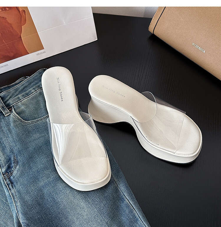 XJ-2 High Heel Thick Sole One-Strap for Women, New Style, Height Increasing, Petite, Transparent Waterproof Platform Sandals and Slippers