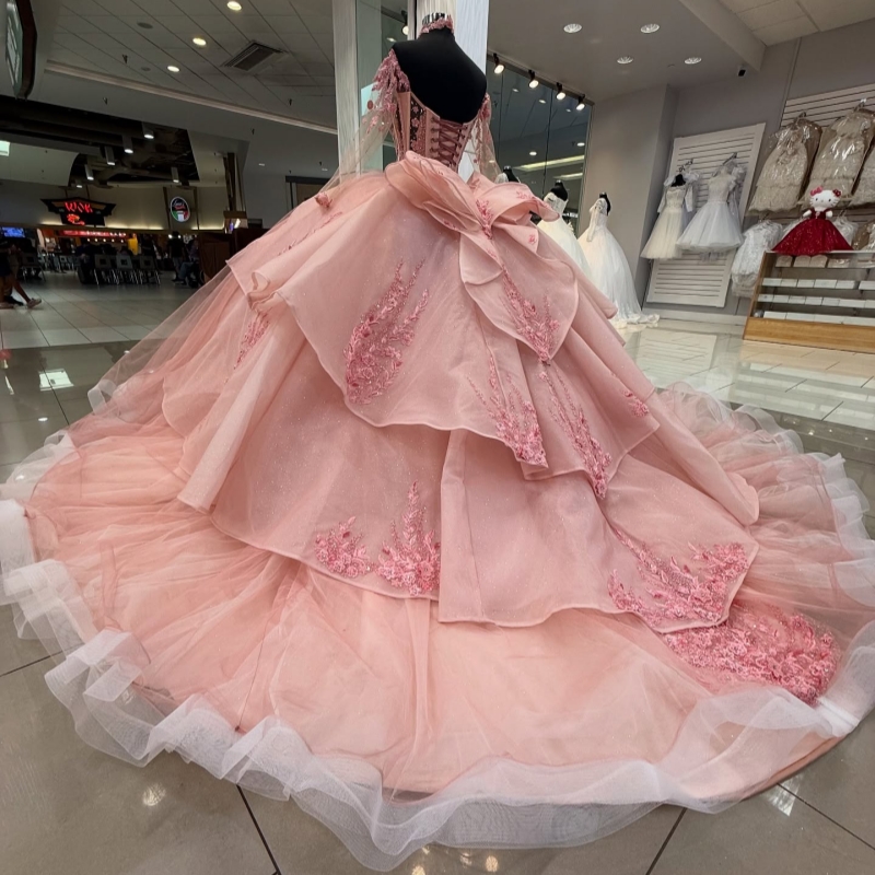 Pink Quinceanera Dresses Ball Gown Off The Shoulder Applique Lace Beads Bow Tull Corset Party Birthday Sweet 16 Dress Vestidos 15 Anos