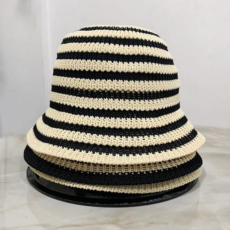 Striped Hollow Women Bucket Hat Spring Summer Outdoor Sunscreen Weave Breathable Fisherman Cap Fahsion Versatile Travel Panama 250711