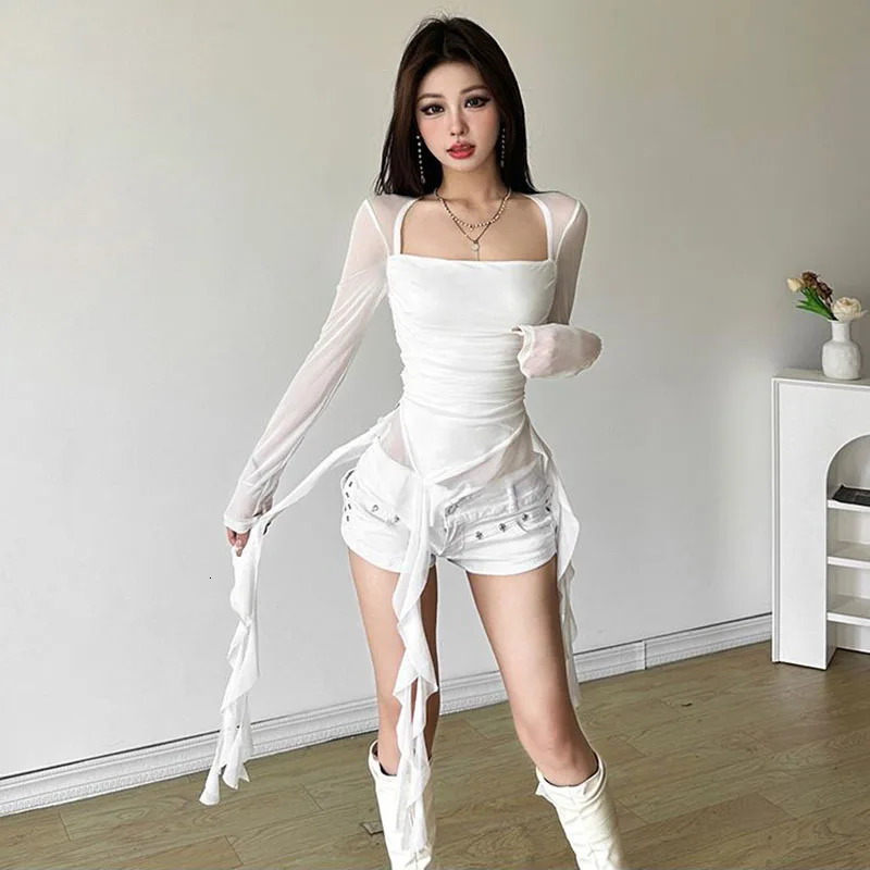 Ruffle Irregular Long Sleeve Women T Shirt Y2K Fashion Streetwear Patchwork Asymmetrical Top Korean Chic Sheer Mesh Ladies Tees 250707
