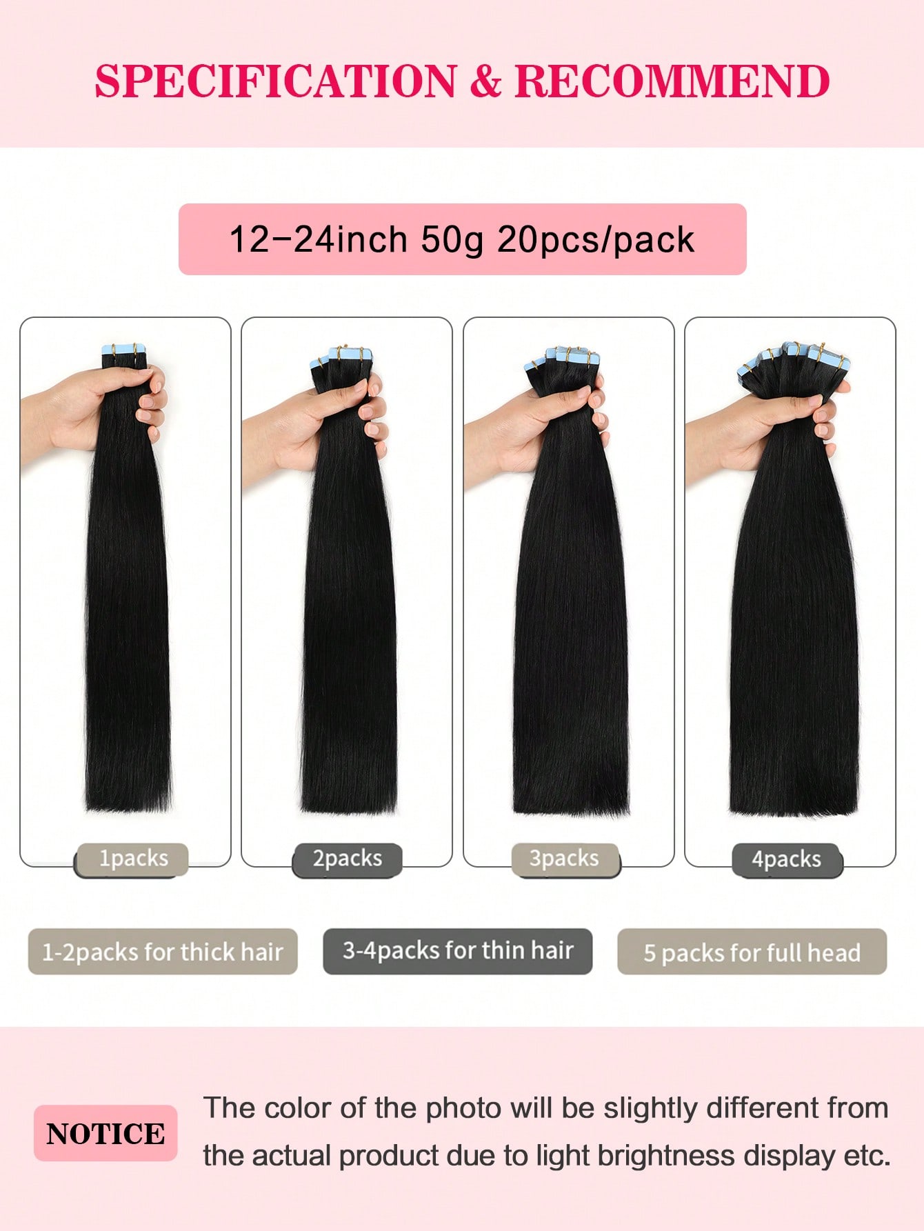 Vibeshift Tape In Hair Extensions 100% Remy Human Hair 12-24inches Straight Seamless Skin Weft Tape-in Hair Extensions 50g/Pack