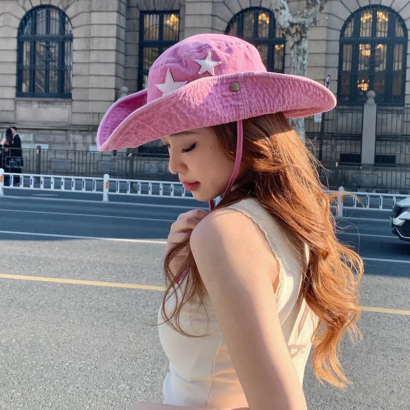 Cute Star Pink Bucket Hats Women Summer Outdoor Camping Sunscreen Western Cowboy Hat Korean Versatile Hiking Caps for Men 250711