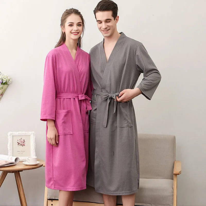 Lovers Waffle Nightwear Summer Thin Kimono Robe Bathrobe Gown Man Wome Casual Sleepwear Solid Home Clothes Loose le Robe 250710
