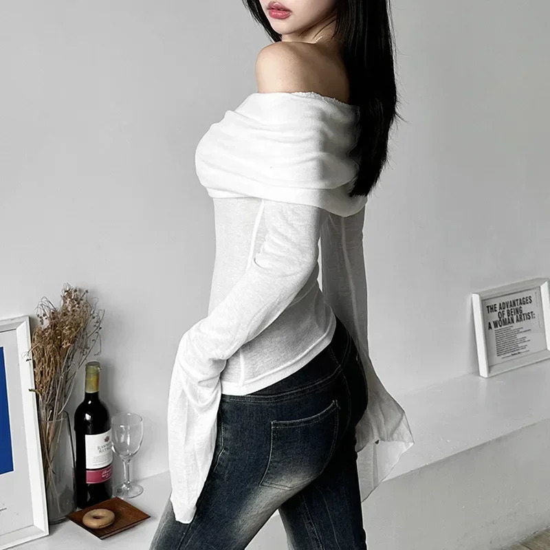Y2k Aesthetic Simple Fashion Womens Tee Shirts Slash Neck Long Sleeve Solid Casual T-Shirts Vintage Off Shoulder Trendy Tshirts 250707