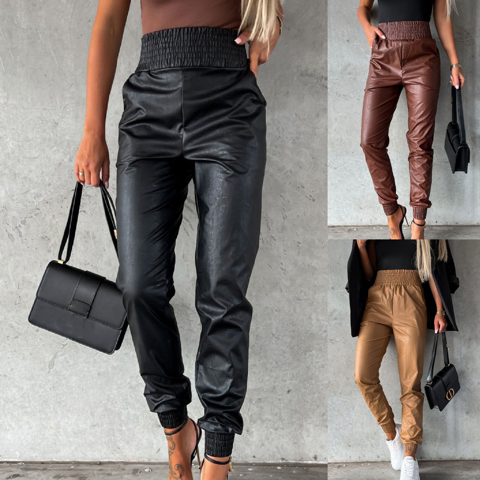 Women'S Elastic Waist Trousers Smocked Waist Tapered Leg Pu Faux Leather Jogger Pants With Pockets Vintage Y2k Streetwear