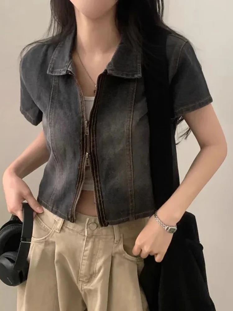 Loose Fit ort Denim irt Jaet Womens Summer Sle Retro n Double Zipper Casual Top Korean Version Other Material 250704