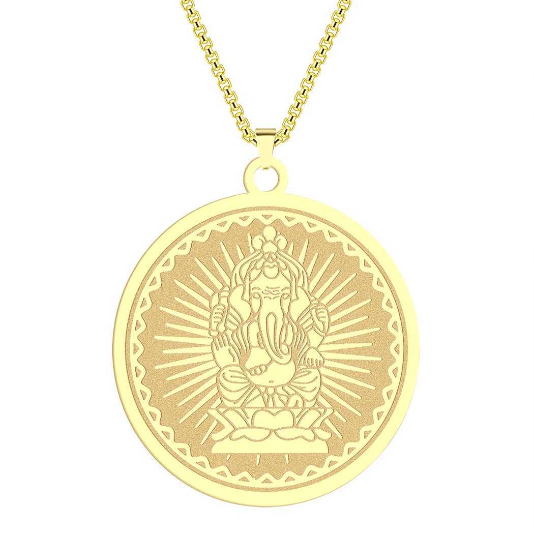 Chandr Stainless Steel Ganesha Coin Necklace for Men Lord Medallion Gold Plated Pendant Hindu Him W250712