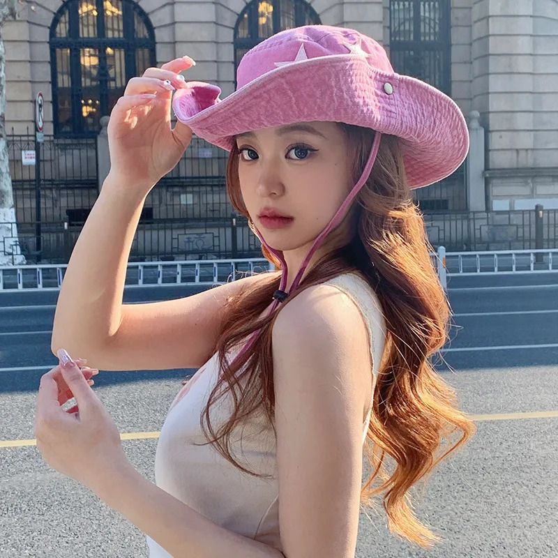 Cute Star Pink Bucket Hats Women Summer Outdoor Camping Sunscreen Western Cowboy Hat Korean Versatile Hiking Caps for Men 250711